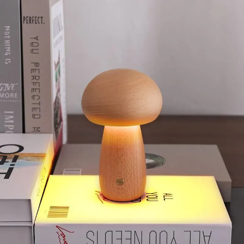 Portobello Mushroom Wood Night Light - Rechargeable Natural Table Lamp