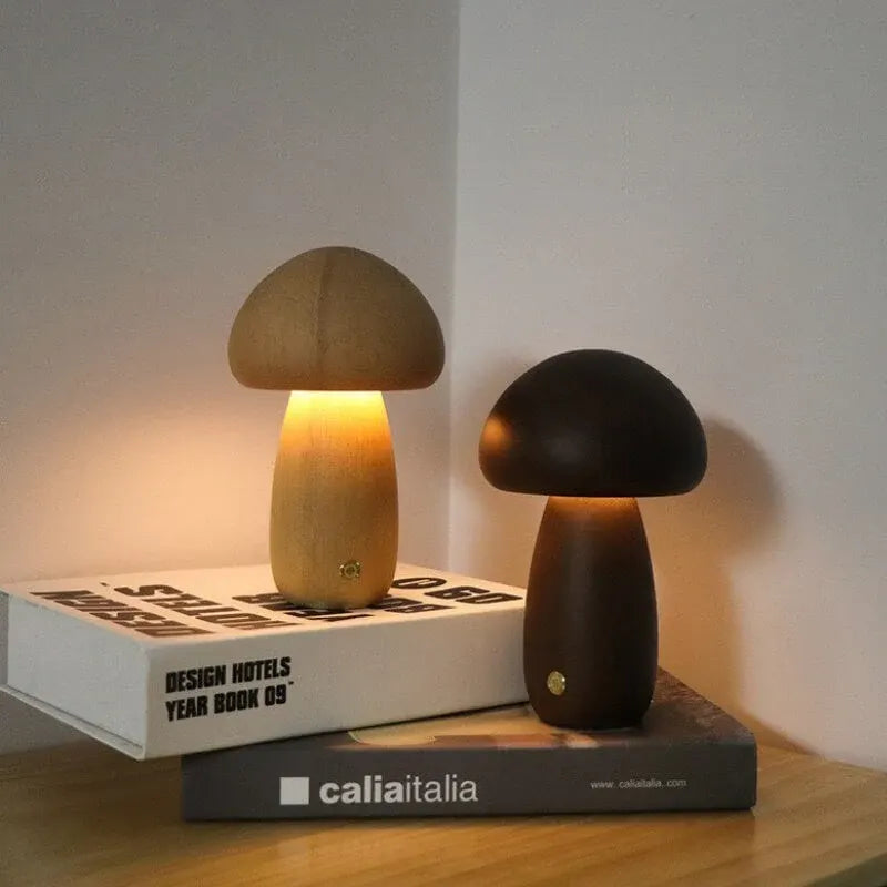 Portobello Mushroom Wood Night Light - Rechargeable Natural Table Lamp