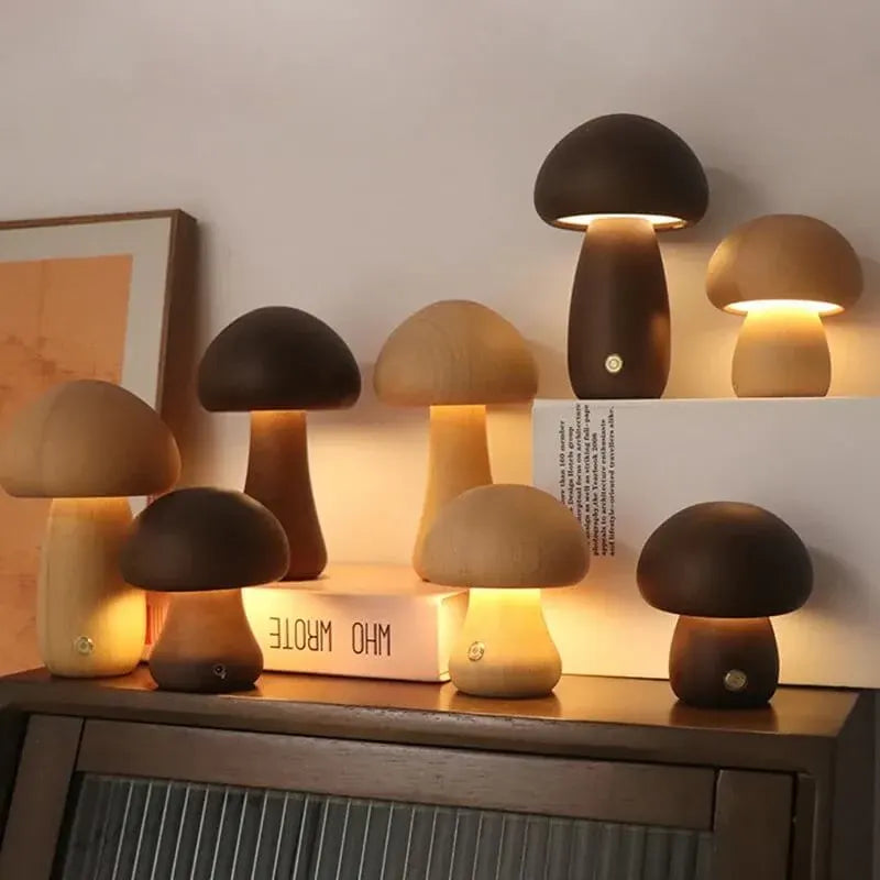 Portobello Mushroom Wood Night Light - Rechargeable Natural Table Lamp
