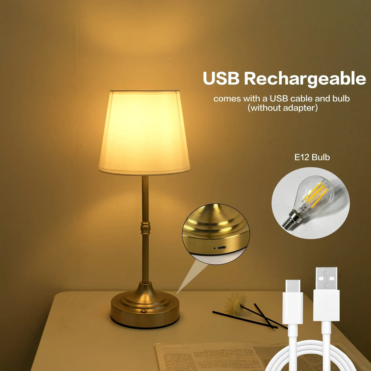 Rechargeable Cordless Table Lamp with Dimmable USB Charging
