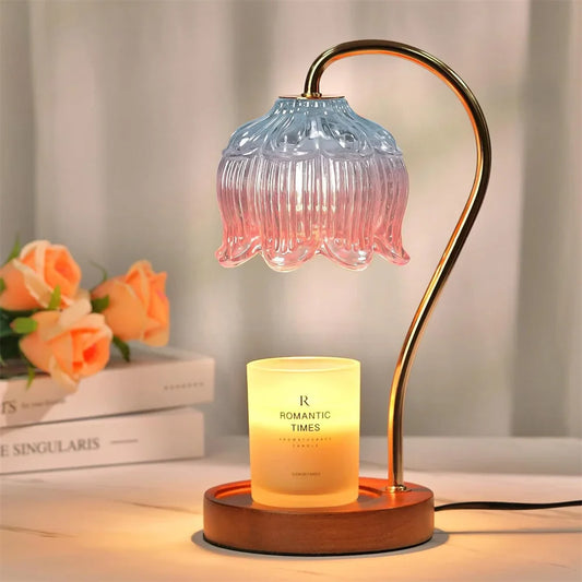 Retro Wax Melt Warmer Lamp with Glass Shade and Solid Wood Base