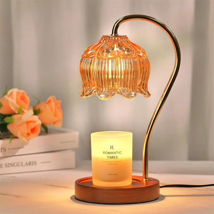 Retro Wax Melt Warmer Lamp with Glass Shade and Solid Wood Base