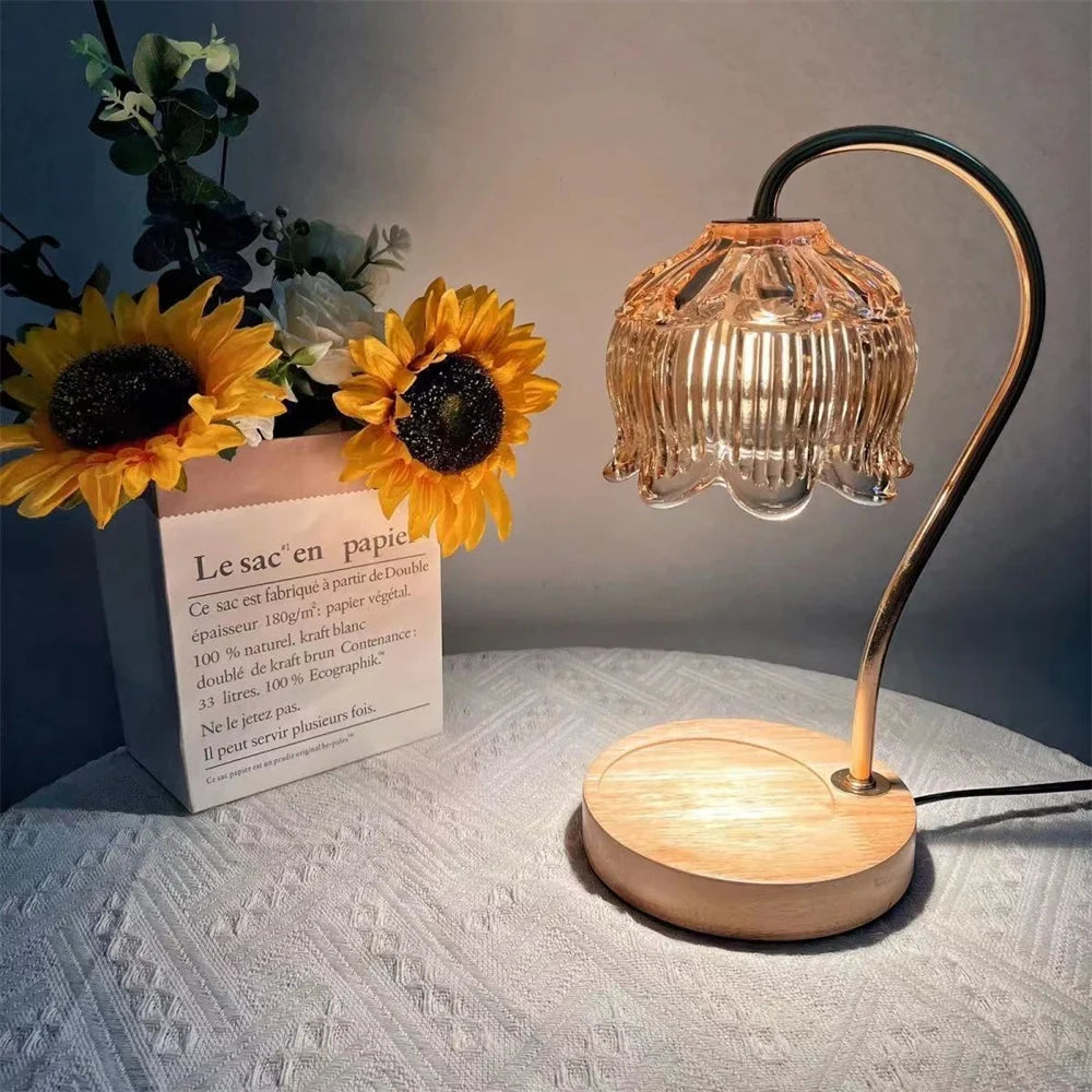 Retro Wax Melt Warmer Lamp with Glass Shade and Solid Wood Base