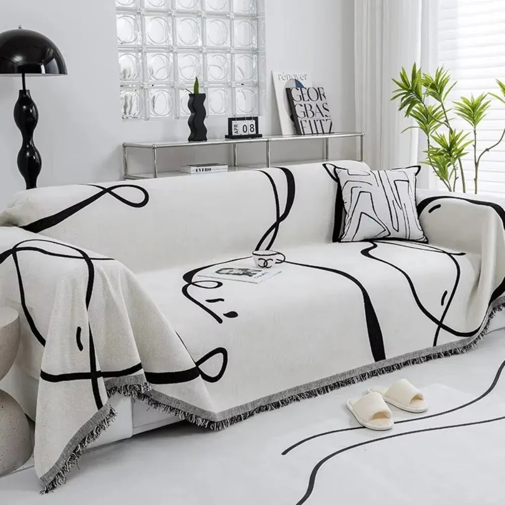Reversible Chenille Sofa Cover with Abstract Line Design