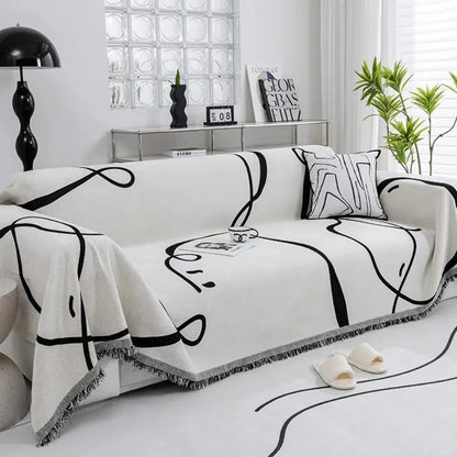 Reversible Chenille Sofa Cover with Abstract Line Design