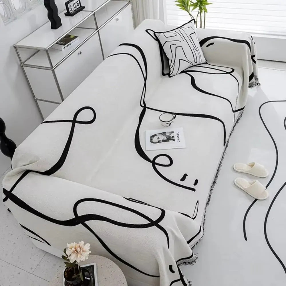 Reversible Chenille Sofa Cover with Abstract Line Design