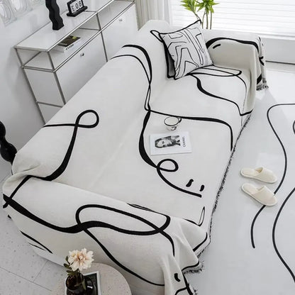Reversible Chenille Sofa Cover with Abstract Line Design