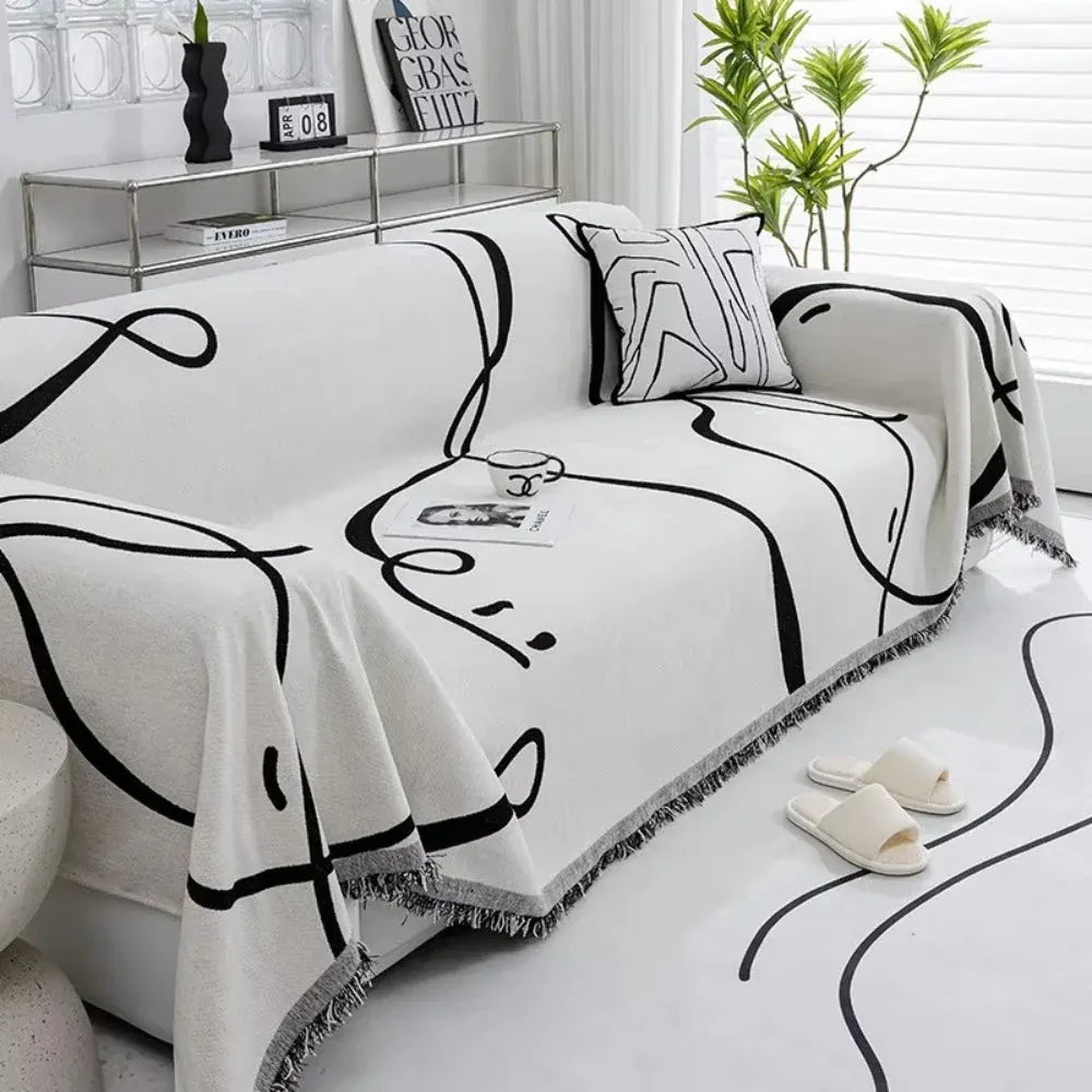 Reversible Chenille Sofa Cover with Abstract Line Design