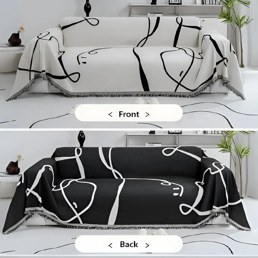 Reversible Chenille Sofa Cover with Abstract Line Design