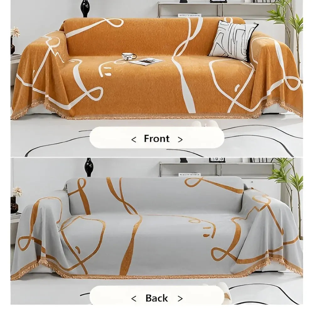 Reversible Chenille Sofa Cover with Abstract Line Design