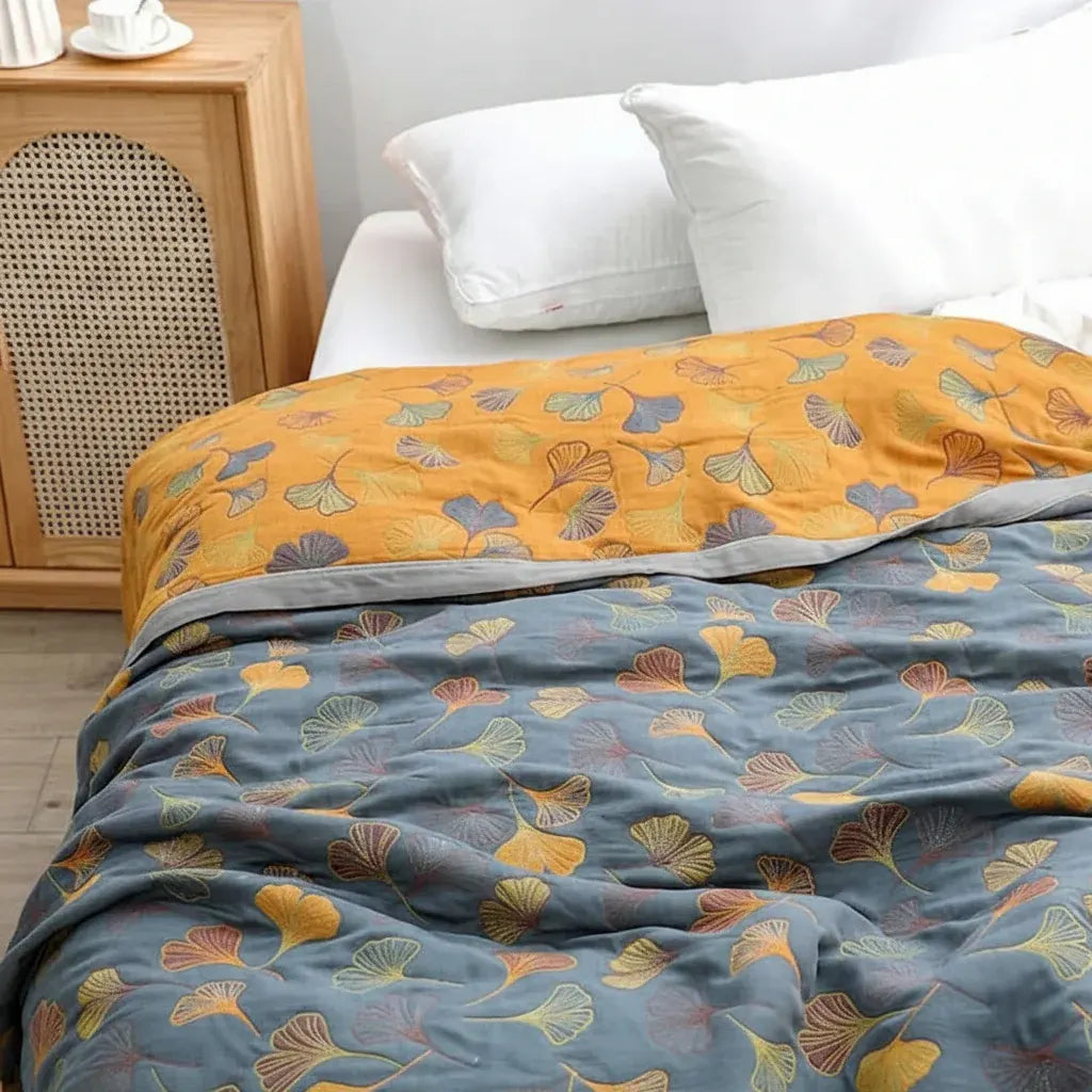 Reversible Cozy Throw Blanket with Elegant Leaf Print Design