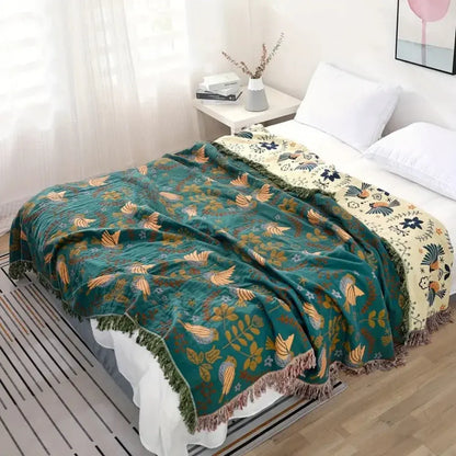 Reversible Scandinavian Bird Pattern Cotton Throw Blanket