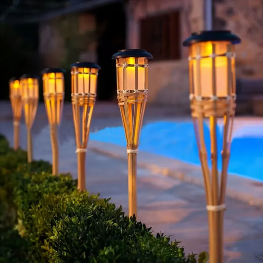 Solar Bamboo Torch Lights (2-Pack) | 12-LED Flickering Flame Outdoor Garden Lanterns