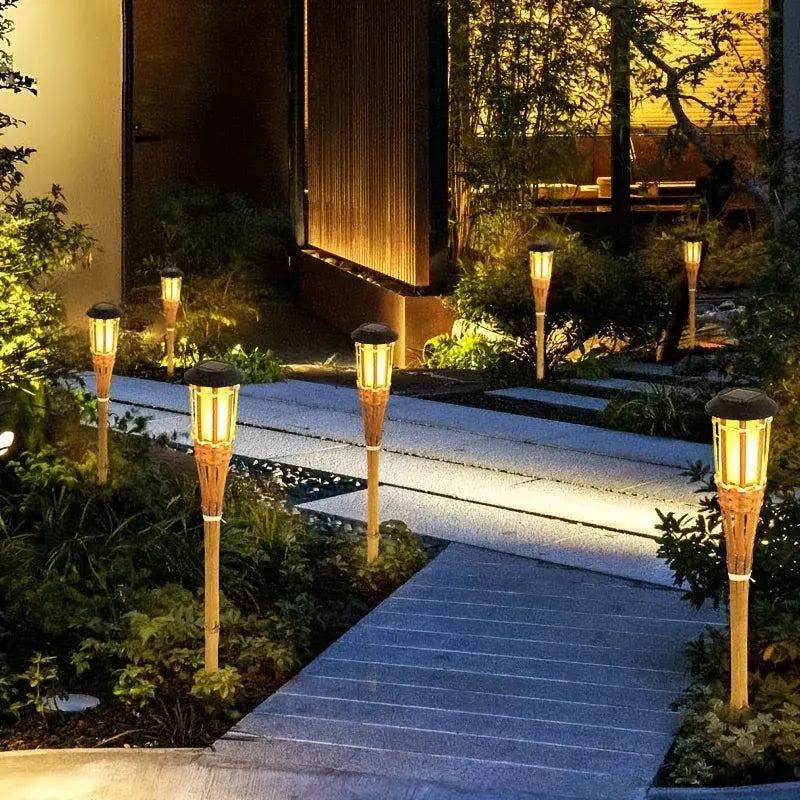 Solar Bamboo Torch Lights (2-Pack) | 12-LED Flickering Flame Outdoor Garden Lanterns