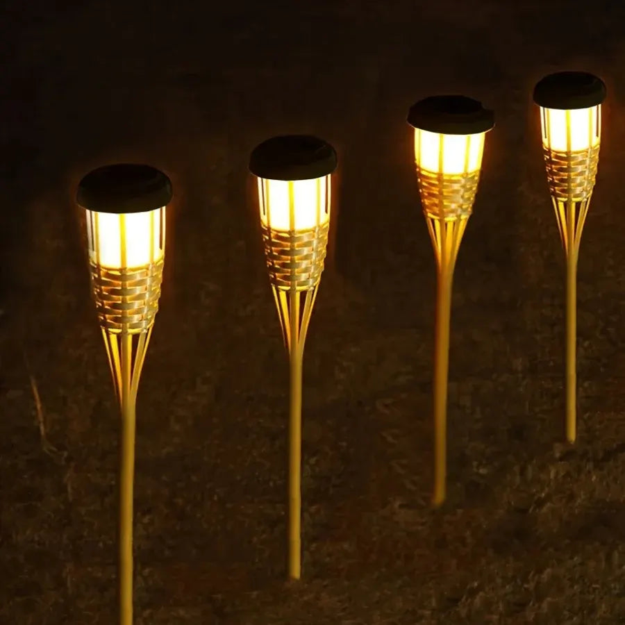 Solar Bamboo Torch Lights (2-Pack) | 12-LED Flickering Flame Outdoor Garden Lanterns