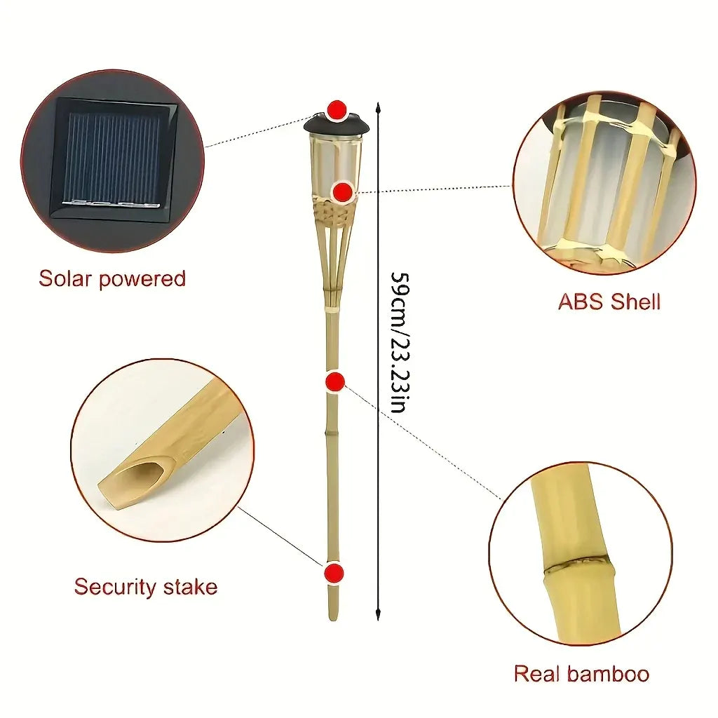 Solar Bamboo Torch Lights (2-Pack) | 12-LED Flickering Flame Outdoor Garden Lanterns