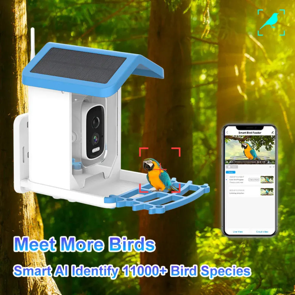 Solar-Powered Smart Bird Feeder with Outdoor Roof Camera and Video Recording