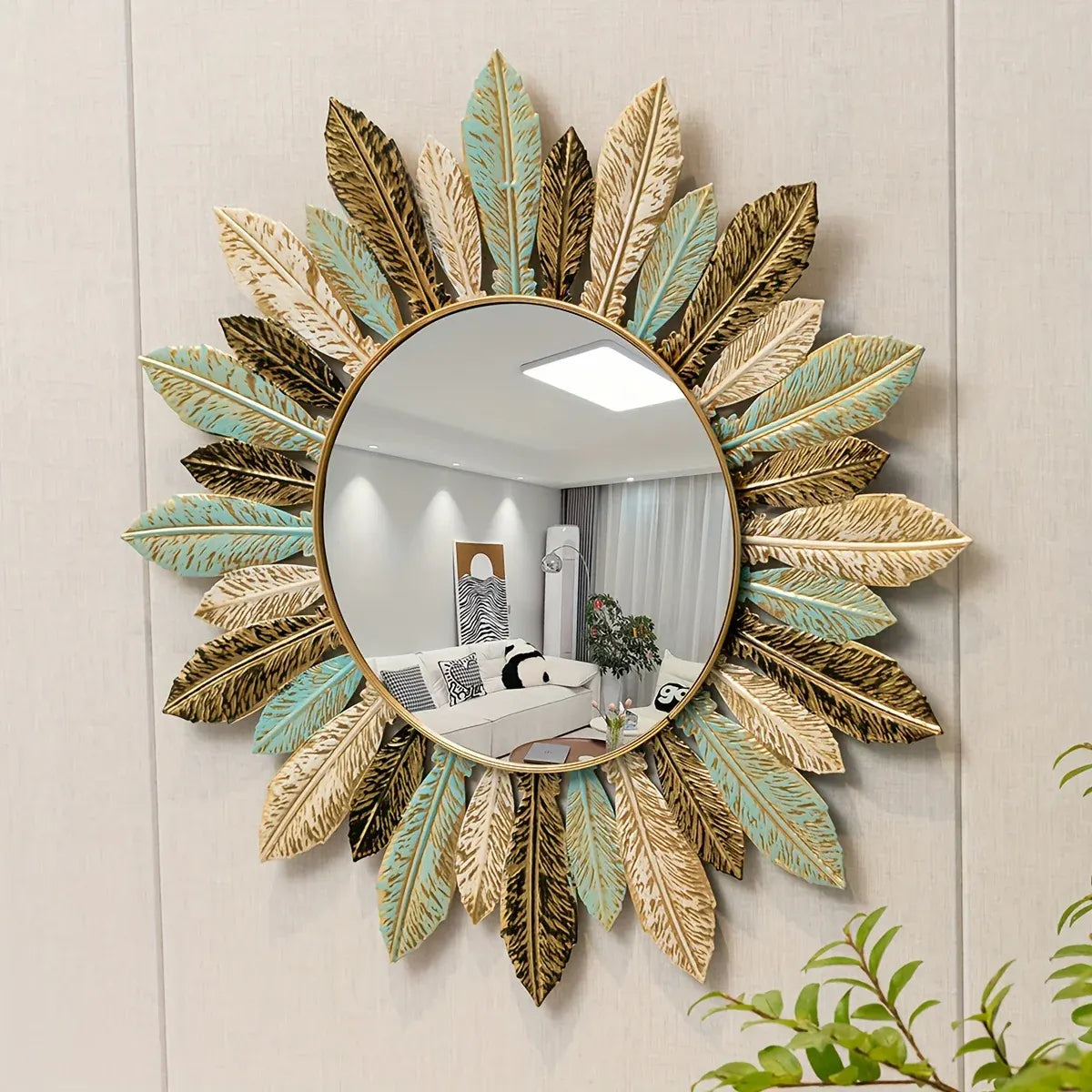 Teal & Gold Leaf Sunburst Metal Wall Mirror | Bohemian Decor Accent