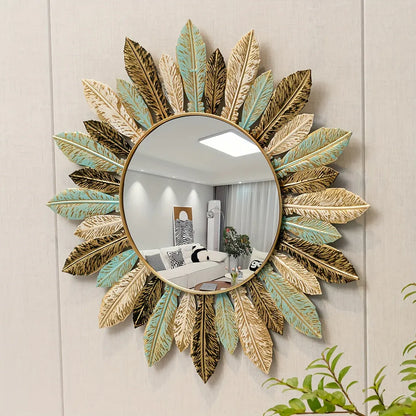 Teal & Gold Leaf Sunburst Metal Wall Mirror | Bohemian Decor Accent