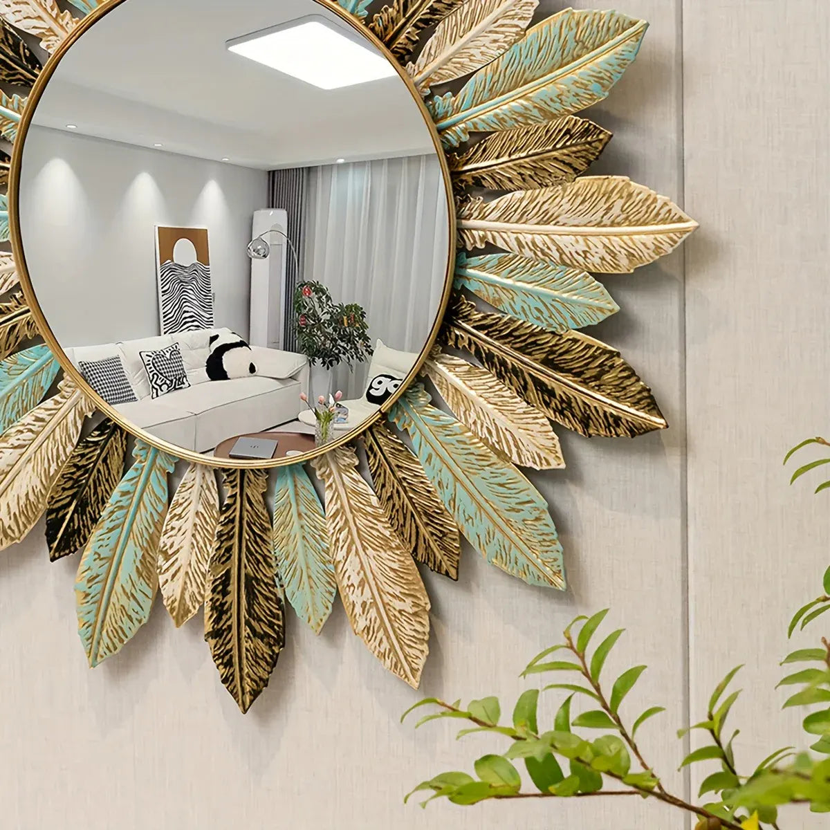 Teal & Gold Leaf Sunburst Metal Wall Mirror | Bohemian Decor Accent