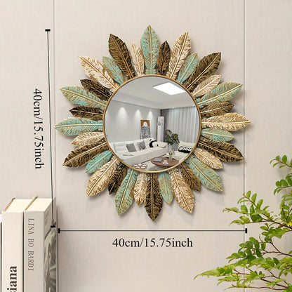 Teal & Gold Leaf Sunburst Metal Wall Mirror | Bohemian Decor Accent