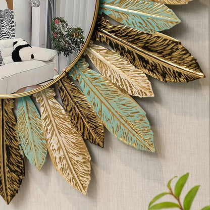 Teal & Gold Leaf Sunburst Metal Wall Mirror | Bohemian Decor Accent