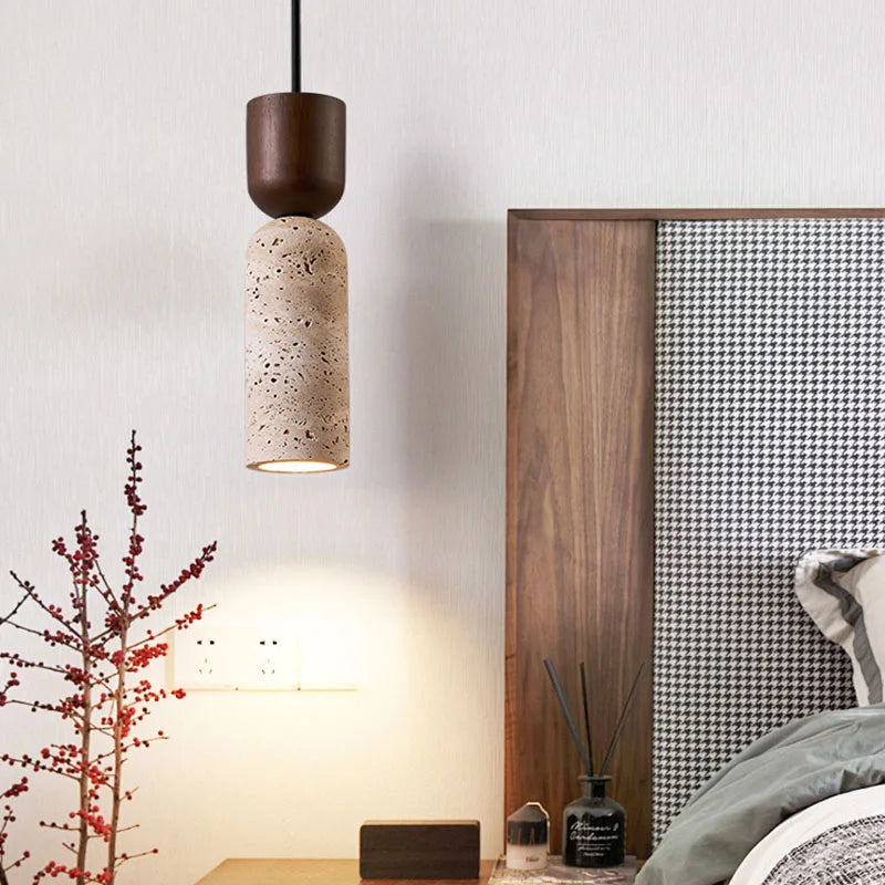 Textured Travertine and Wood Pendant Lamp | Japanese Minimalist Wabi-Sabi Bedside Light