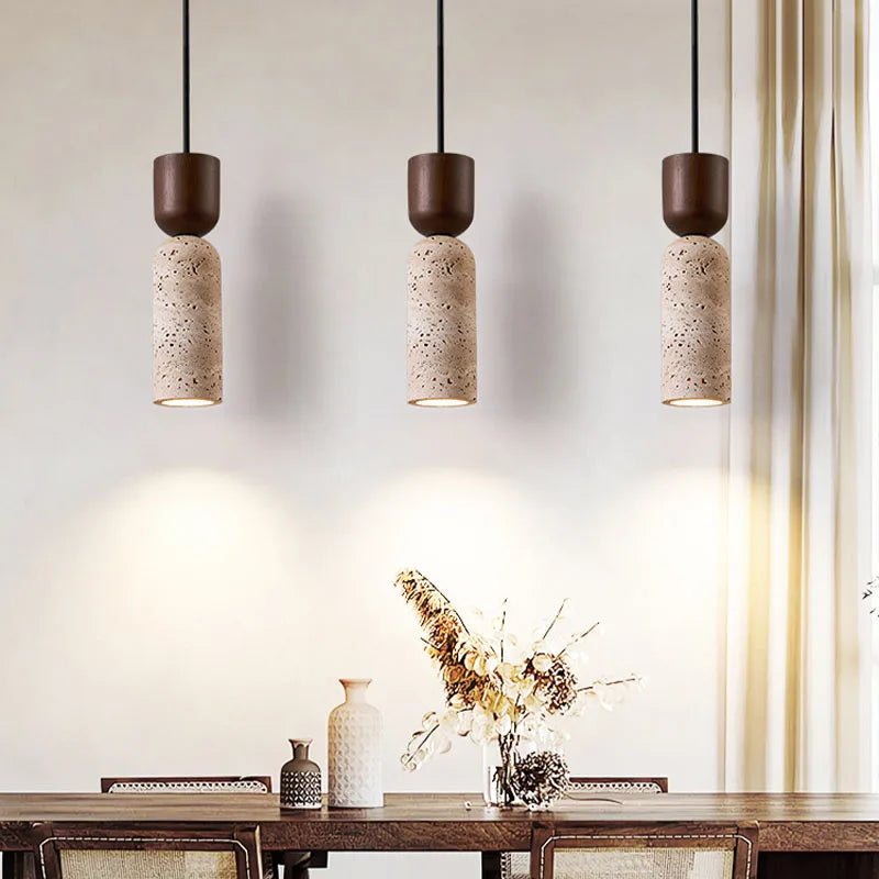 Textured Travertine and Wood Pendant Lamp | Japanese Minimalist Wabi-Sabi Bedside Light