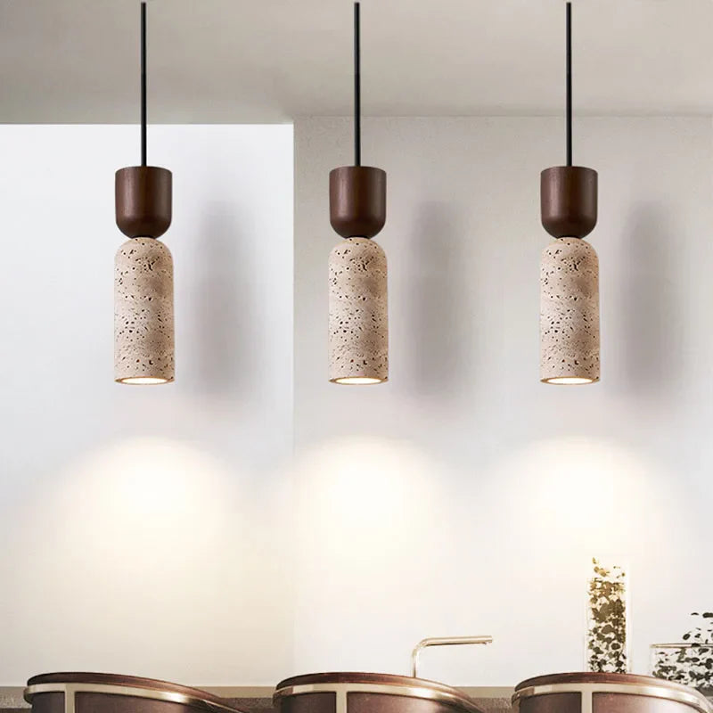 Textured Travertine and Wood Pendant Lamp | Japanese Minimalist Wabi-Sabi Bedside Light
