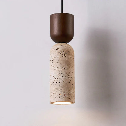 Textured Travertine and Wood Pendant Lamp | Japanese Minimalist Wabi-Sabi Bedside Light