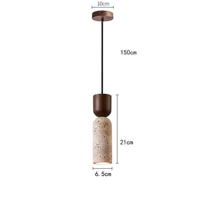 Textured Travertine and Wood Pendant Lamp | Japanese Minimalist Wabi-Sabi Bedside Light