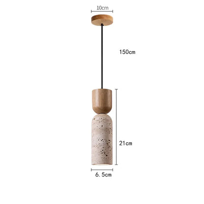 Textured Travertine and Wood Pendant Lamp | Japanese Minimalist Wabi-Sabi Bedside Light