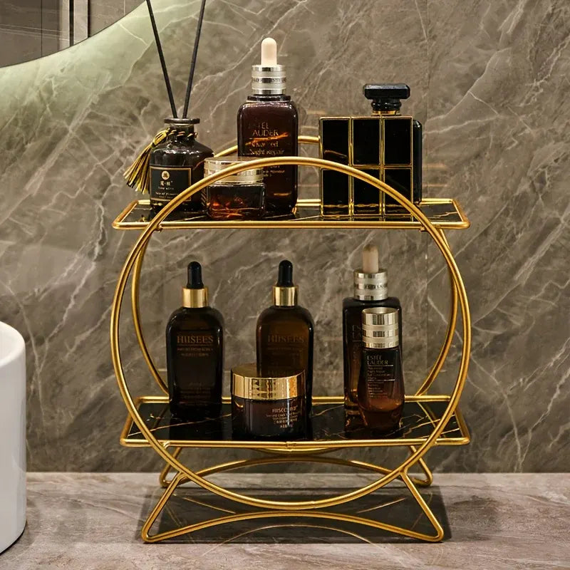 Two-Tier Bathroom Organizer with Cat Ear Design Base - Metal Cosmetic and Skincare Storage Shelf