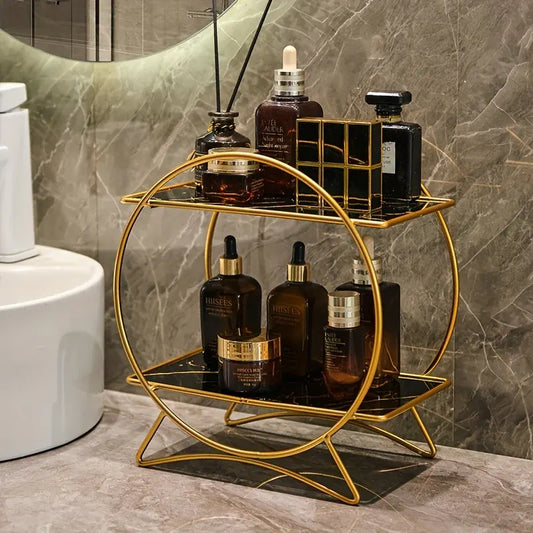 Two-Tier Bathroom Organizer with Cat Ear Design Base - Metal Cosmetic and Skincare Storage Shelf