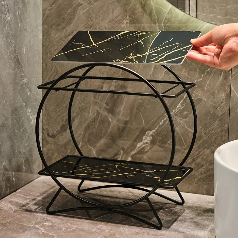 Two-Tier Bathroom Organizer with Cat Ear Design Base - Metal Cosmetic and Skincare Storage Shelf