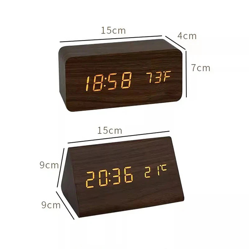 Voice-Activated LED Alarm Clock with Modern Wooden Finish