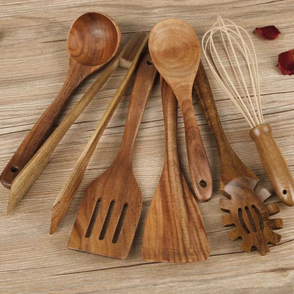 Wooden Kitchen Utensil Set - Non-Scratch, Heat Resistant Cooking Tools