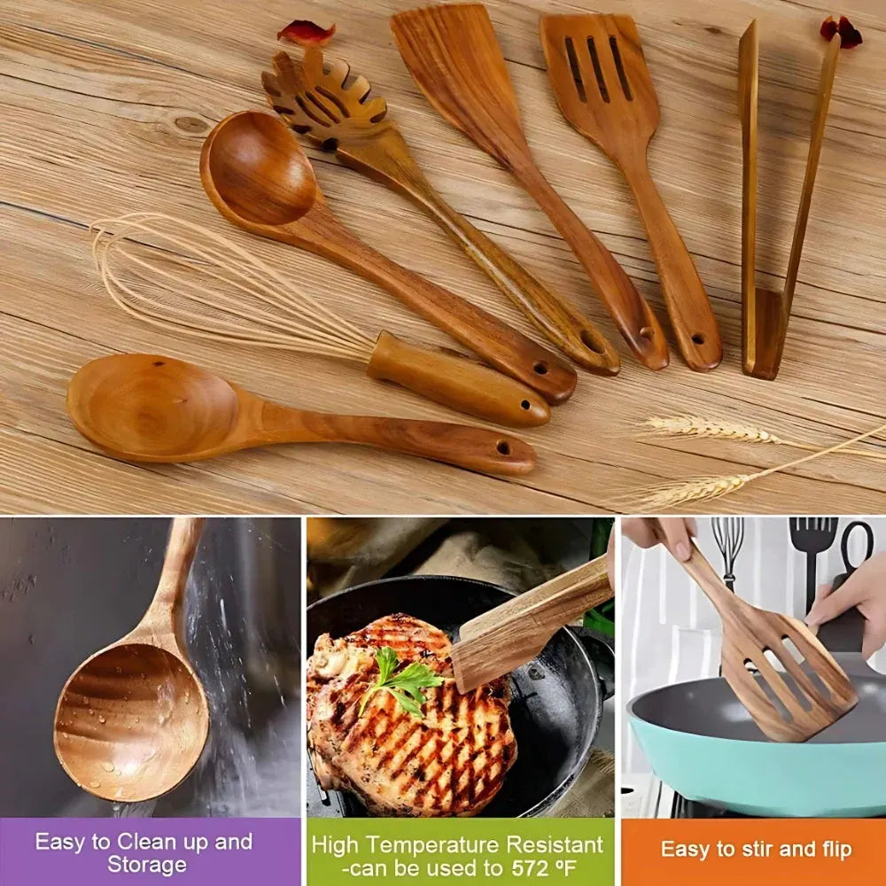 Wooden Kitchen Utensil Set - Non-Scratch, Heat Resistant Cooking Tools