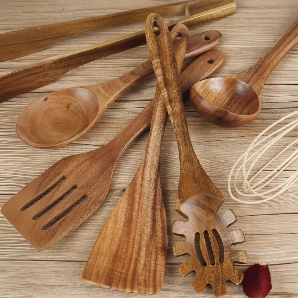 Wooden Kitchen Utensil Set - Non-Scratch, Heat Resistant Cooking Tools