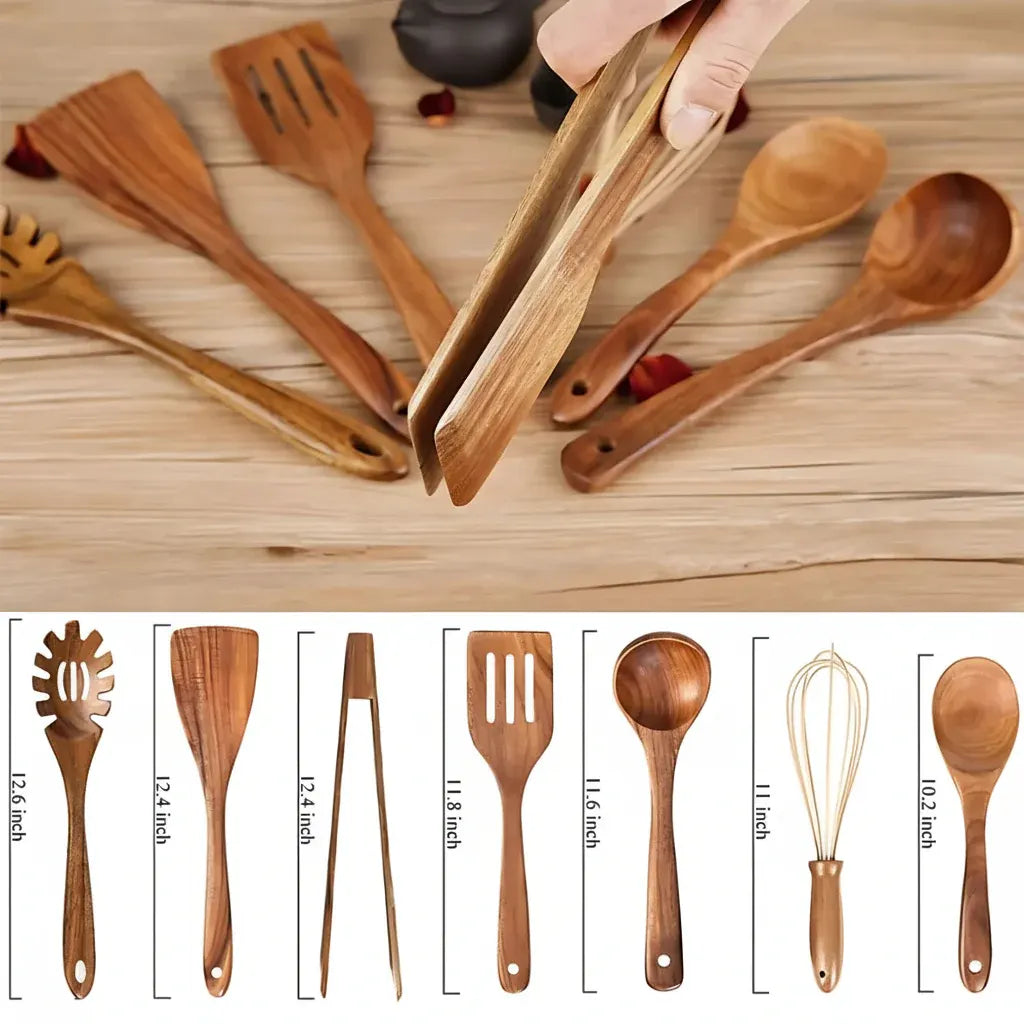Wooden Kitchen Utensil Set - Non-Scratch, Heat Resistant Cooking Tools