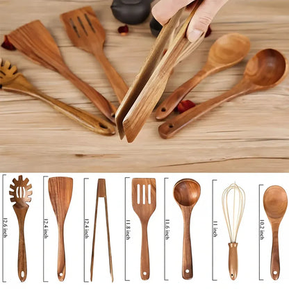 Wooden Kitchen Utensil Set - Non-Scratch, Heat Resistant Cooking Tools