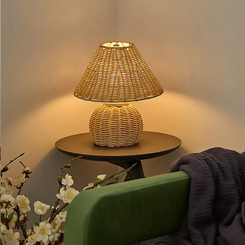 Woven Bamboo Desk Lamp with USB-Powered Boho Ambient Lighting