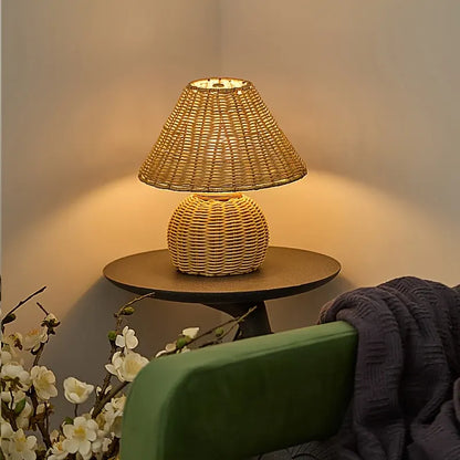 Woven Bamboo Desk Lamp with USB-Powered Boho Ambient Lighting