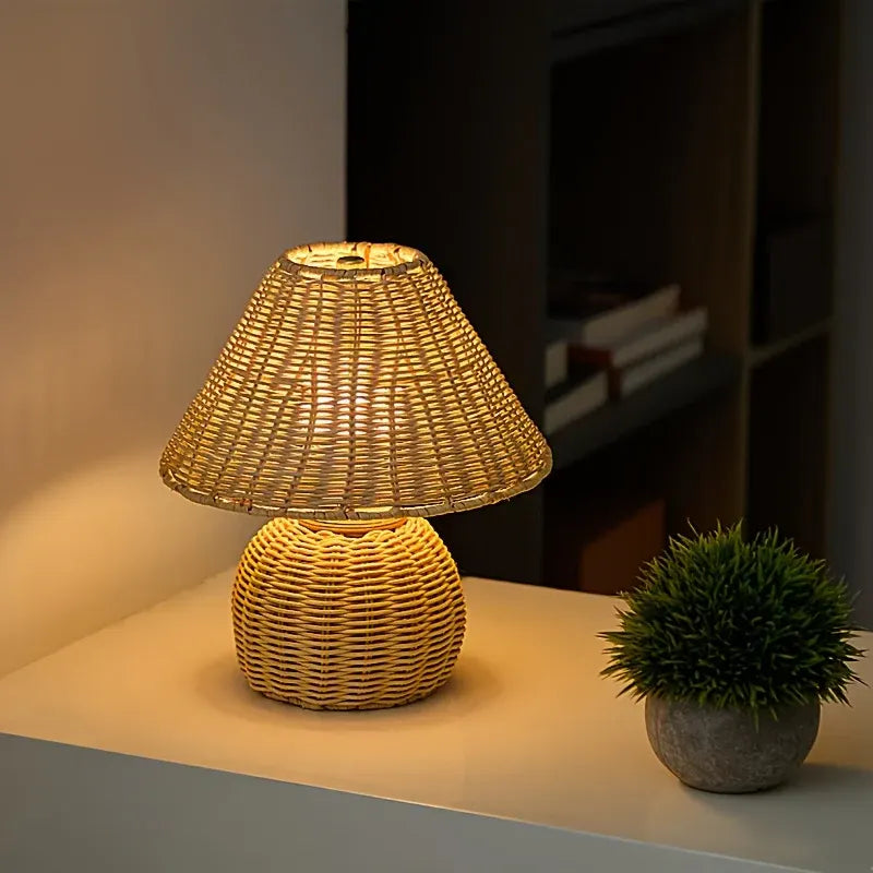 Woven Bamboo Desk Lamp with USB-Powered Boho Ambient Lighting