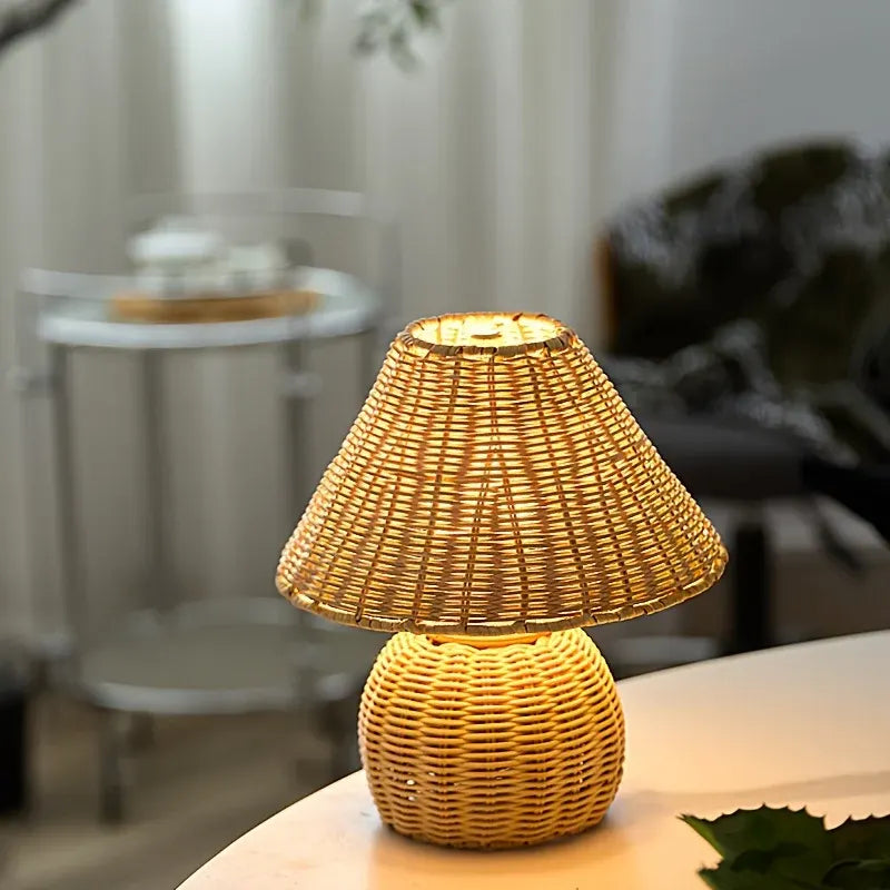 Woven Bamboo Desk Lamp with USB-Powered Boho Ambient Lighting