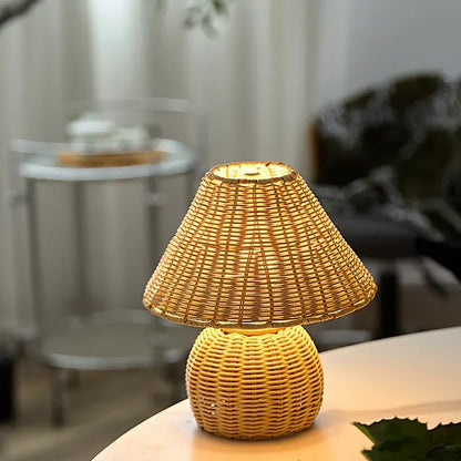 Woven Bamboo Desk Lamp with USB-Powered Boho Ambient Lighting