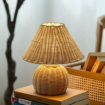 Woven Bamboo Desk Lamp with USB-Powered Boho Ambient Lighting