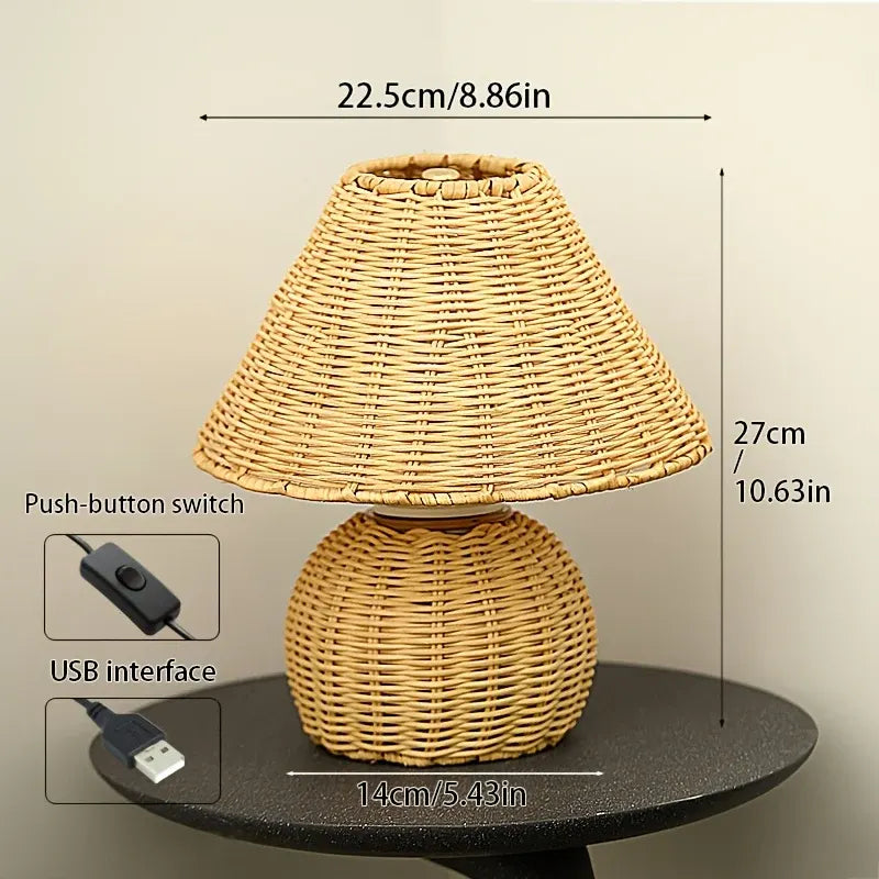 Woven Bamboo Desk Lamp with USB-Powered Boho Ambient Lighting