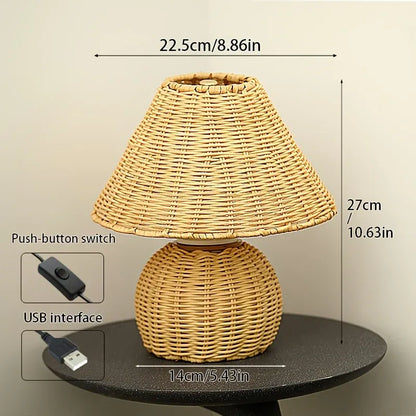 Woven Bamboo Desk Lamp with USB-Powered Boho Ambient Lighting