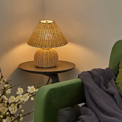 Woven Bamboo Desk Lamp with USB-Powered Boho Ambient Lighting